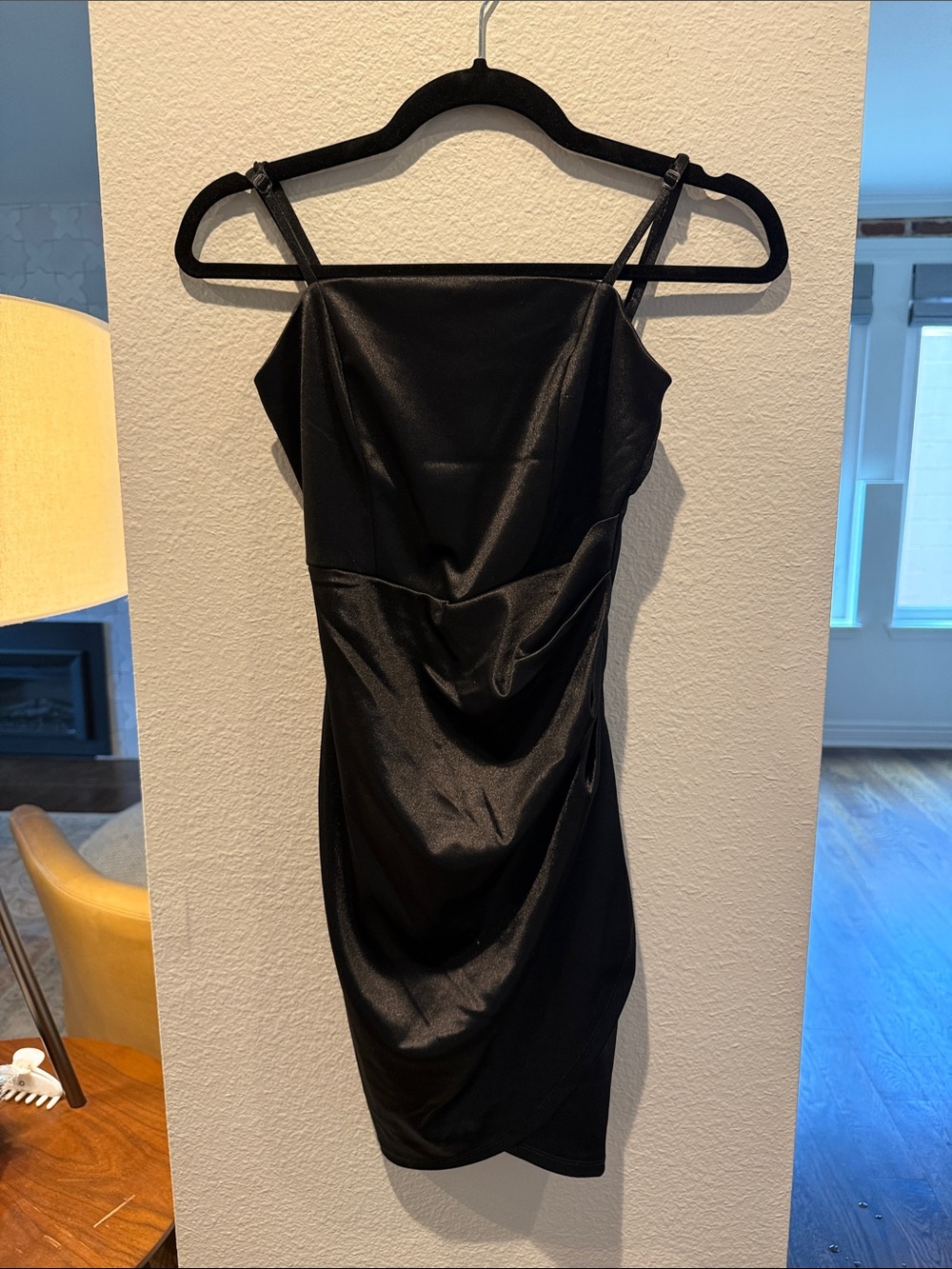 Honey and Rosie Black Satin Draped Mini Dress with Thin Straps